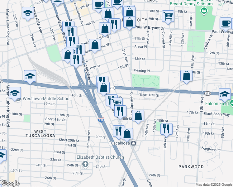 map of restaurants, bars, coffee shops, grocery stores, and more near 1509 23rd Avenue in Tuscaloosa