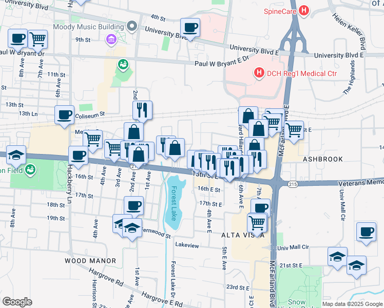 map of restaurants, bars, coffee shops, grocery stores, and more near 312 Cedar Crest in Tuscaloosa