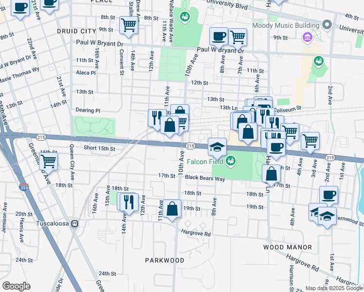 map of restaurants, bars, coffee shops, grocery stores, and more near 15th St & 10th Ave in Tuscaloosa