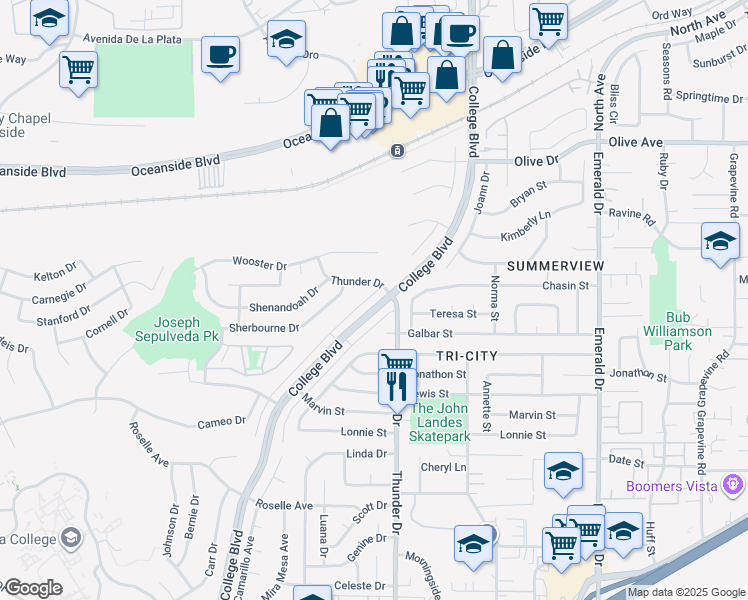 map of restaurants, bars, coffee shops, grocery stores, and more near 2759 College Boulevard in Oceanside