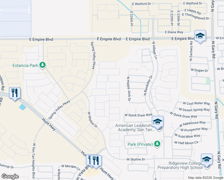 map of restaurants, bars, coffee shops, grocery stores, and more near 2860 Lyman Drive in Queen Creek