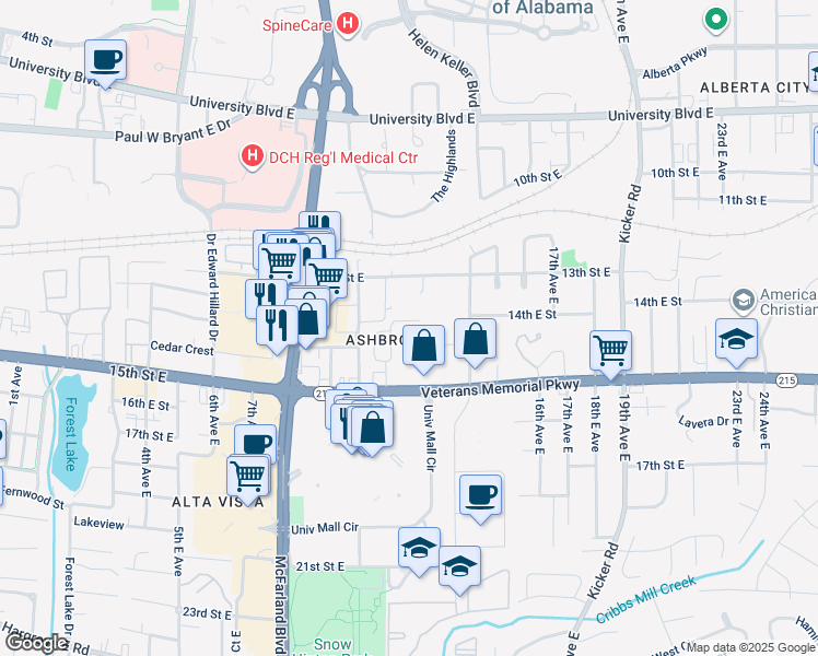 map of restaurants, bars, coffee shops, grocery stores, and more near 1383 Southern Gardens Drive in Tuscaloosa