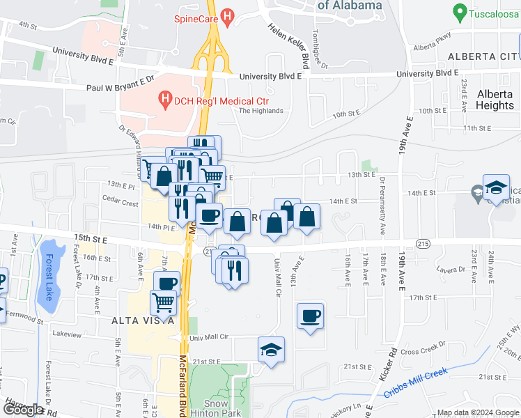 map of restaurants, bars, coffee shops, grocery stores, and more near 1395 Southern Gardens Drive in Tuscaloosa
