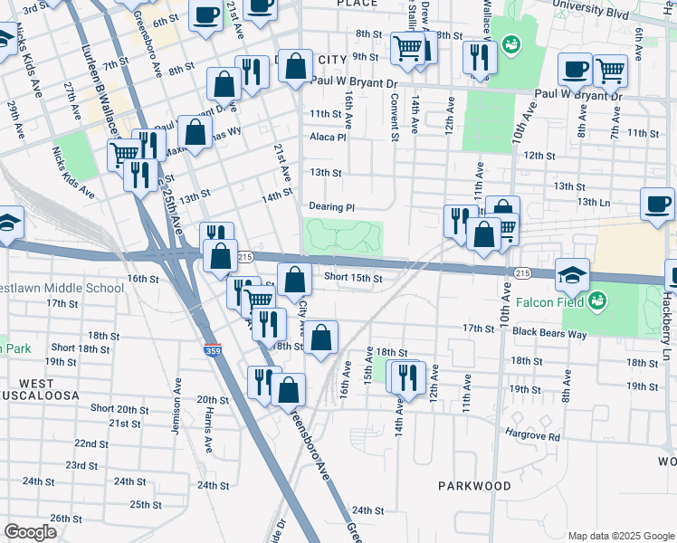 map of restaurants, bars, coffee shops, grocery stores, and more near 3100 17th Avenue in Tuscaloosa