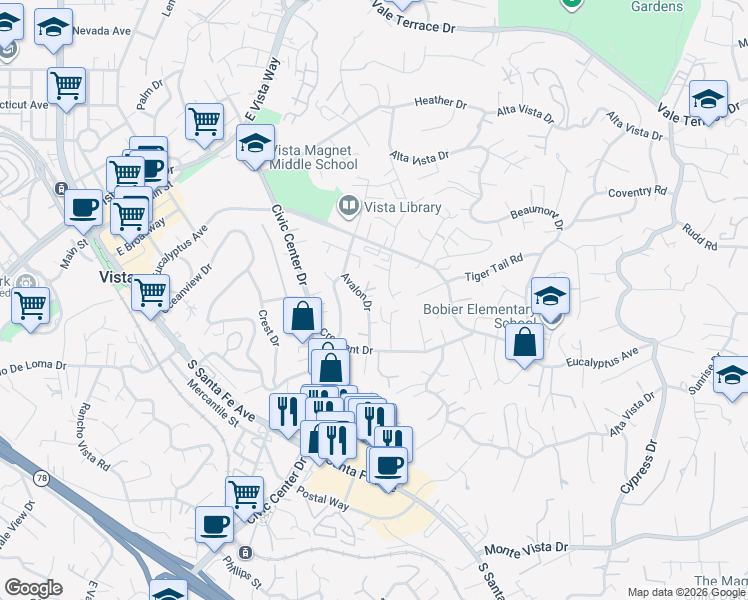 map of restaurants, bars, coffee shops, grocery stores, and more near 346 Amber Lane in Vista