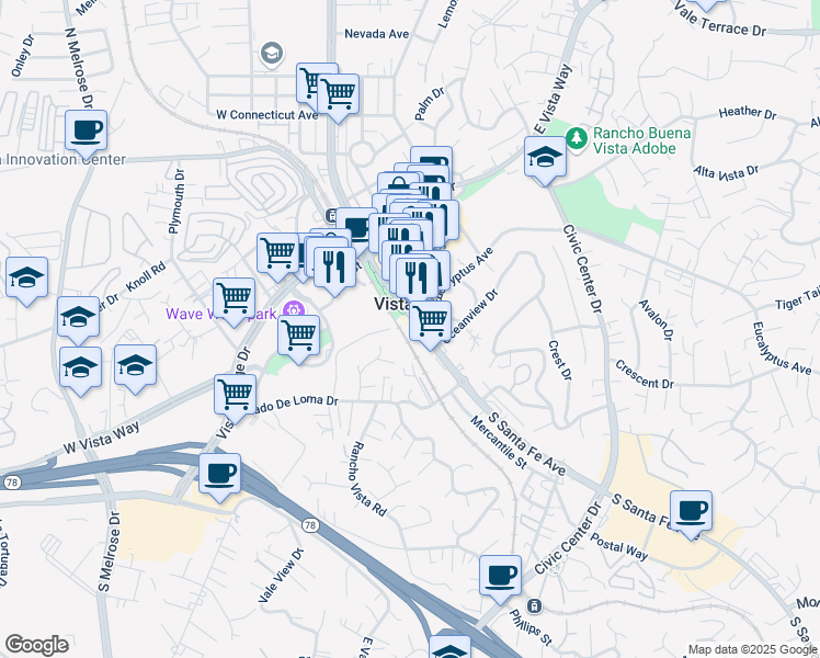map of restaurants, bars, coffee shops, grocery stores, and more near 120 Eucalyptus Avenue in Vista