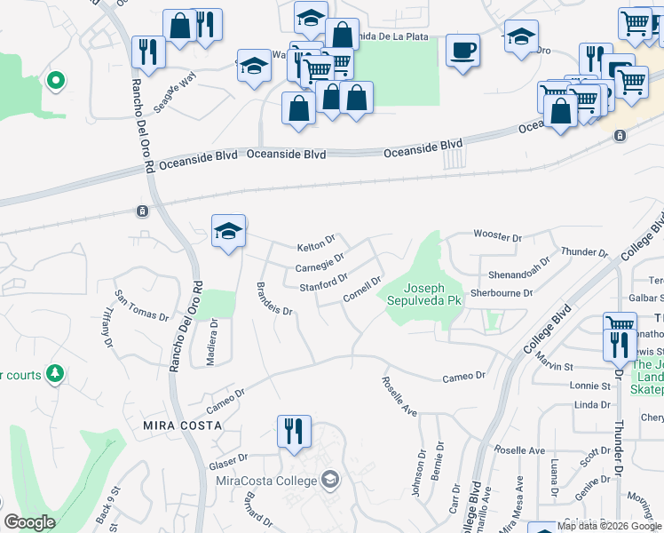 map of restaurants, bars, coffee shops, grocery stores, and more near 3829 Carnegie Drive in Oceanside
