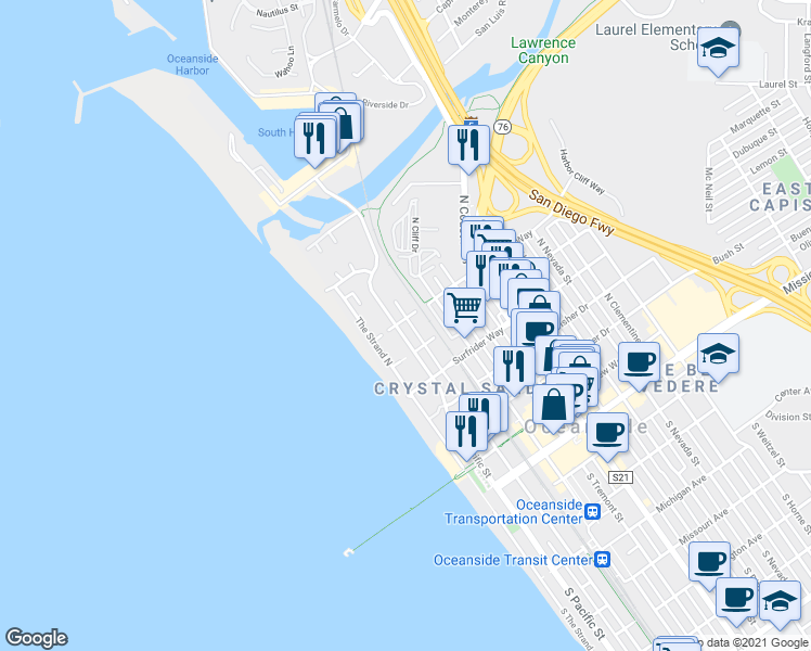map of restaurants, bars, coffee shops, grocery stores, and more near 804 North Pacific Street in Oceanside
