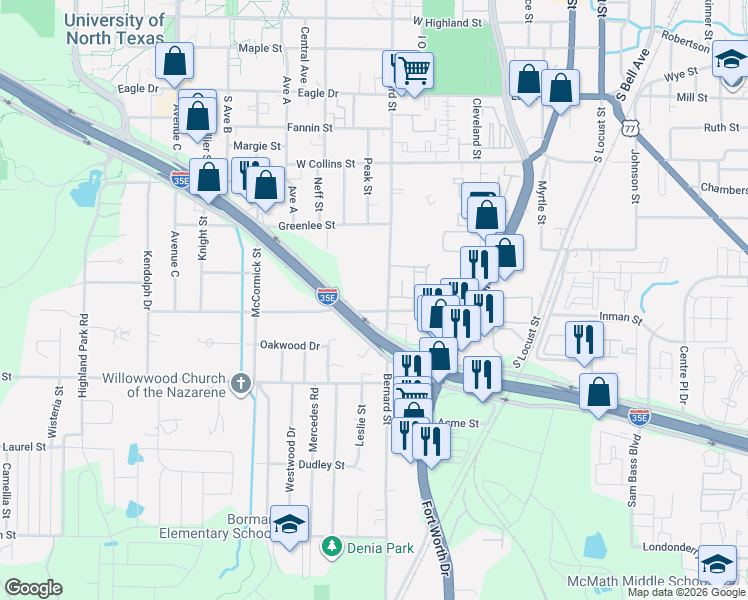 map of restaurants, bars, coffee shops, grocery stores, and more near 800 North Interstate 35 in Denton