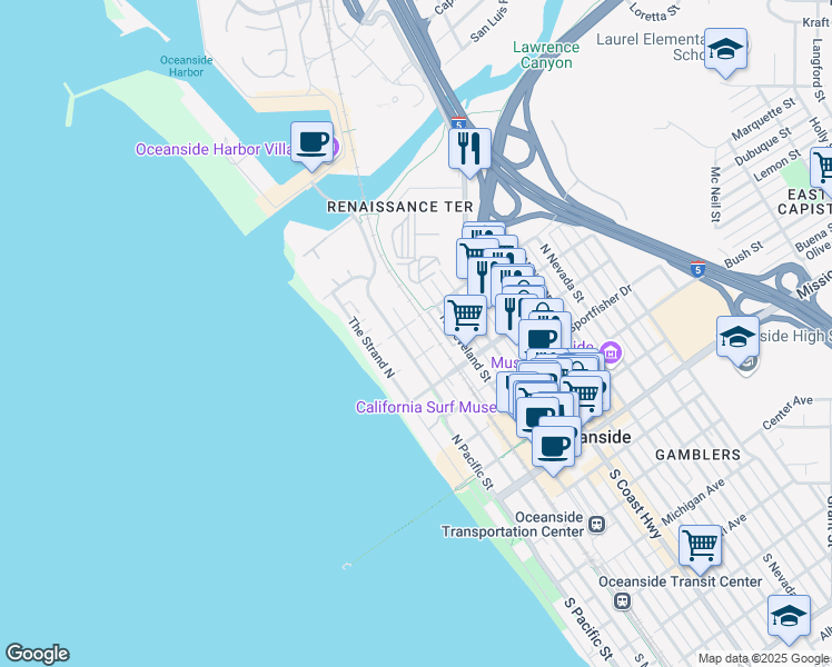 map of restaurants, bars, coffee shops, grocery stores, and more near 266 Neptune Way in Oceanside
