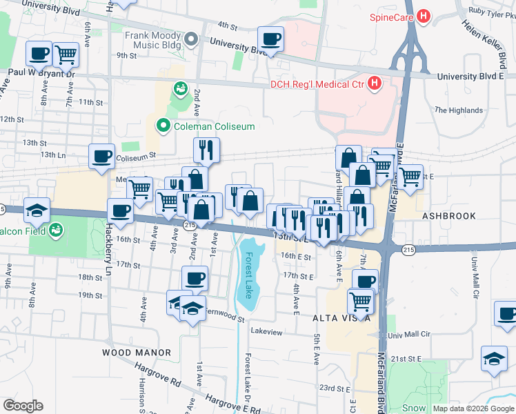 map of restaurants, bars, coffee shops, grocery stores, and more near 210 15th Street East in Tuscaloosa