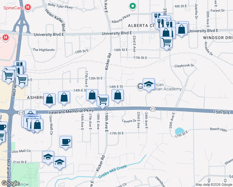 map of restaurants, bars, coffee shops, grocery stores, and more near 1407 20th Avenue East in Tuscaloosa