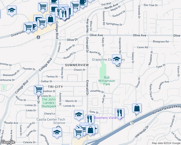 map of restaurants, bars, coffee shops, grocery stores, and more near 1711 Wildflower Court in Vista