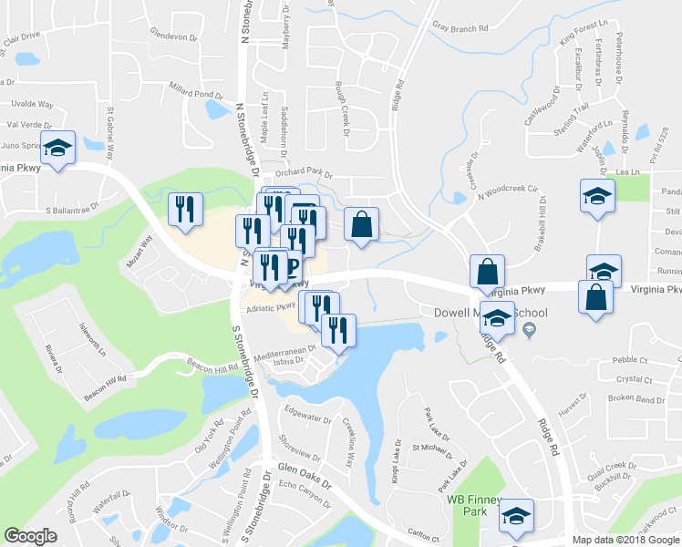 map of restaurants, bars, coffee shops, grocery stores, and more near 6564 Virginia Parkway in McKinney