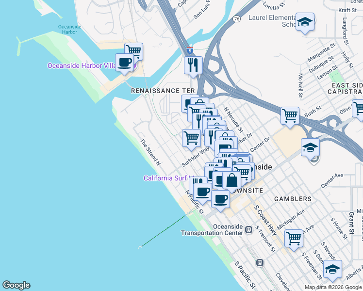 map of restaurants, bars, coffee shops, grocery stores, and more near 777 Sea Cottage Way in Oceanside