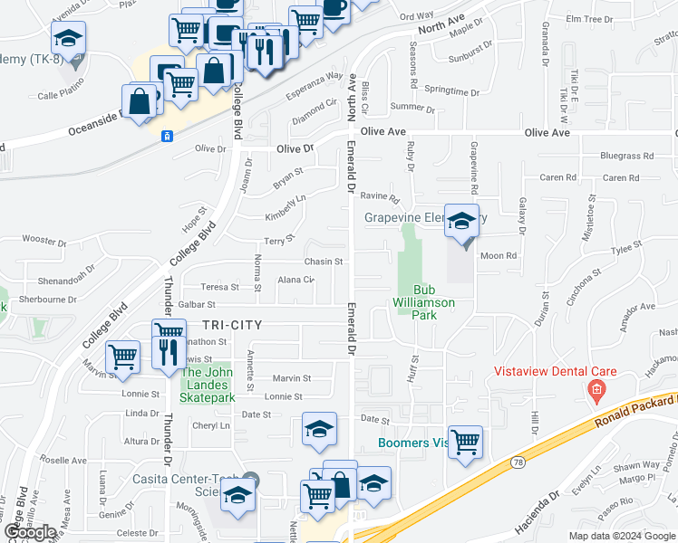 map of restaurants, bars, coffee shops, grocery stores, and more near 2706 Harriet Street in Oceanside
