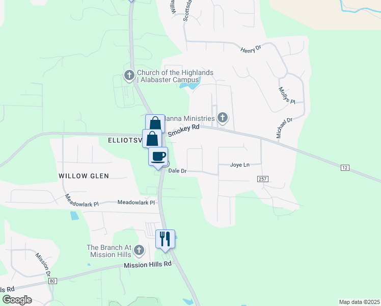map of restaurants, bars, coffee shops, grocery stores, and more near 207 Connie Street in Alabaster