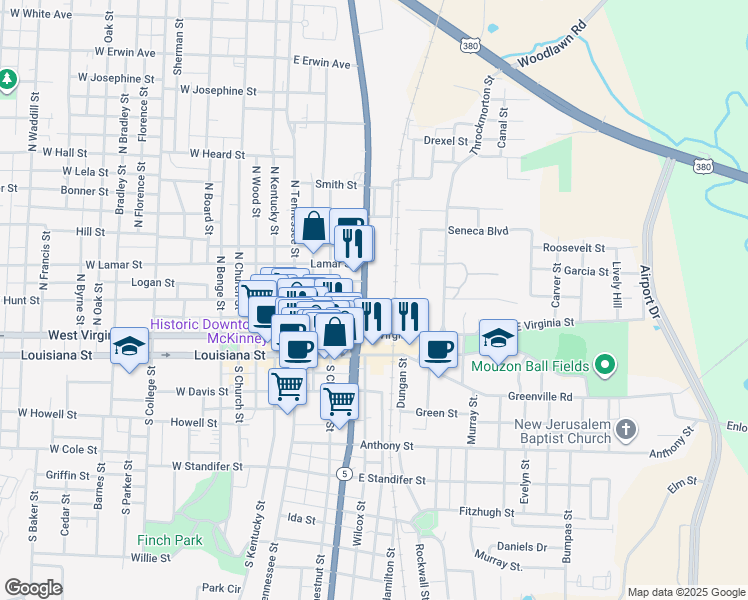 map of restaurants, bars, coffee shops, grocery stores, and more near 300 North McDonald Street in McKinney