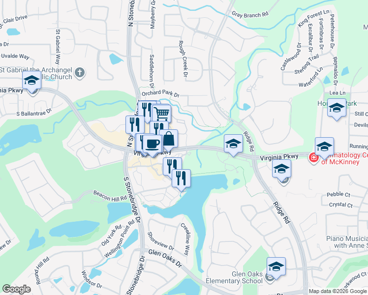 map of restaurants, bars, coffee shops, grocery stores, and more near 6550 Virginia Parkway in McKinney