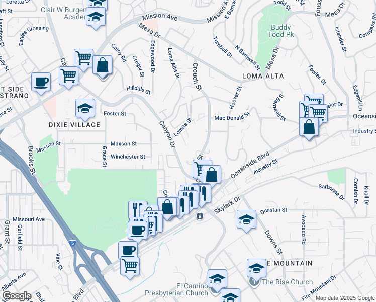 map of restaurants, bars, coffee shops, grocery stores, and more near 552 Canyon Drive in Oceanside