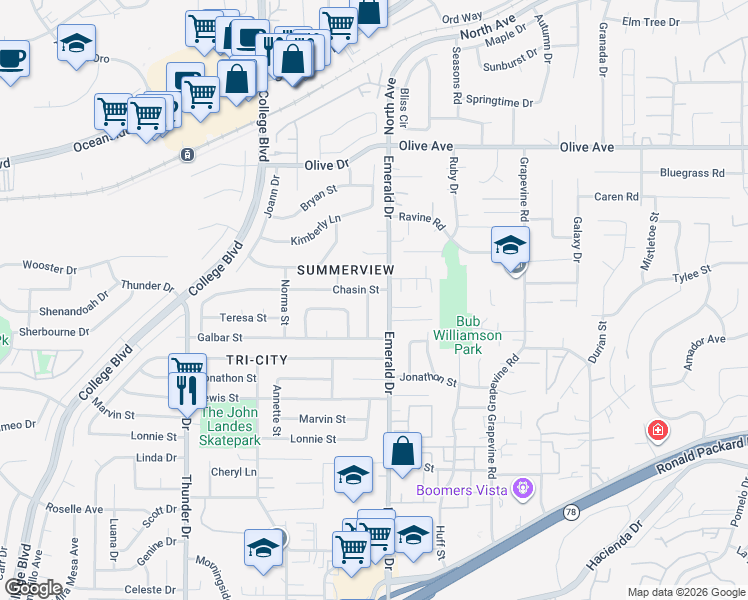 map of restaurants, bars, coffee shops, grocery stores, and more near 2706 Harriet Street in Oceanside