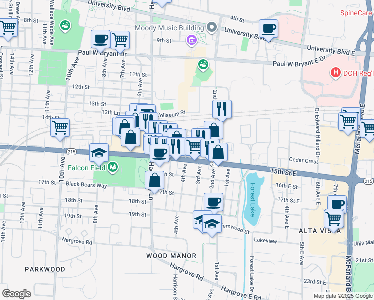 map of restaurants, bars, coffee shops, grocery stores, and more near 1420a Cloverdale Road in Tuscaloosa