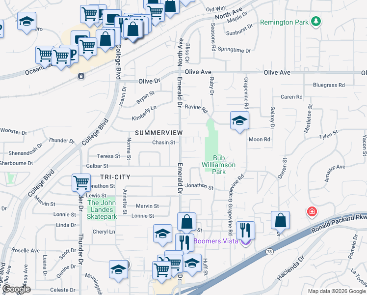 map of restaurants, bars, coffee shops, grocery stores, and more near 1705 Wildflower Court in Vista