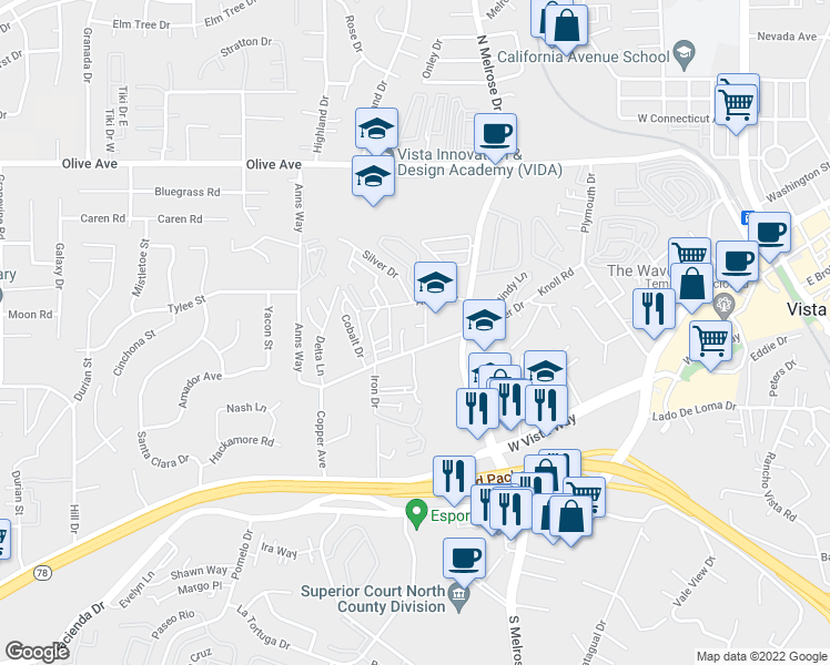 map of restaurants, bars, coffee shops, grocery stores, and more near 661 Copper Drive in Vista