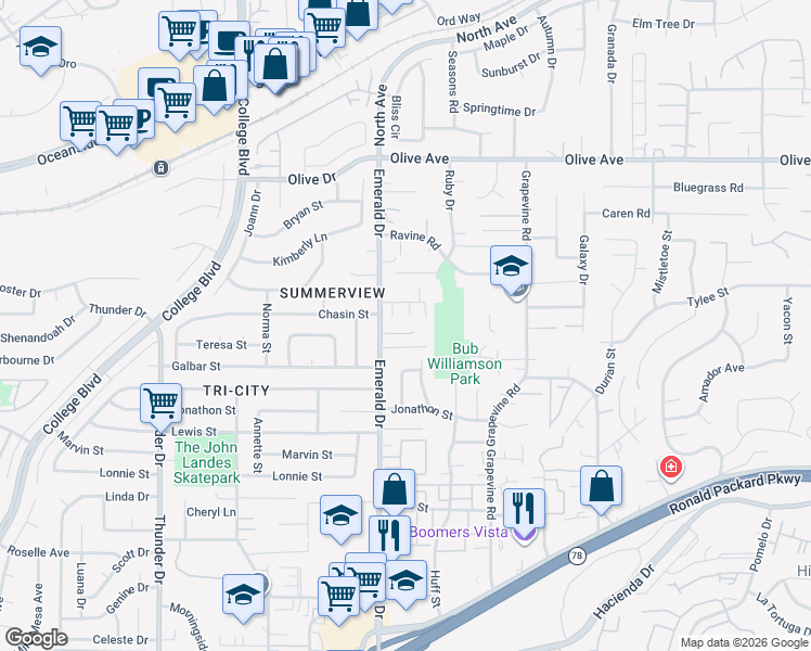 map of restaurants, bars, coffee shops, grocery stores, and more near 1723 Wildflower Court in Vista