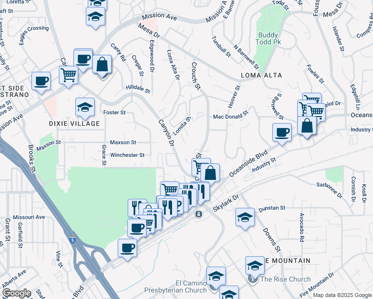 map of restaurants, bars, coffee shops, grocery stores, and more near 552 Canyon Drive in Oceanside