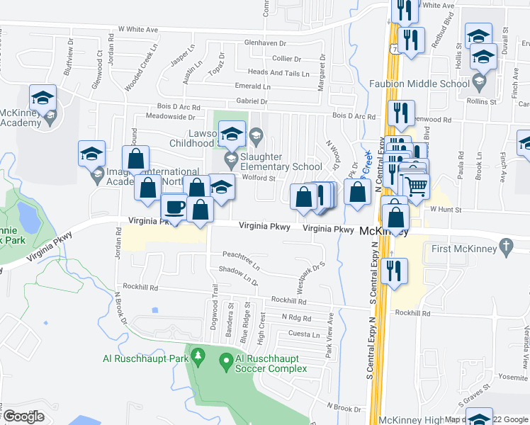 map of restaurants, bars, coffee shops, grocery stores, and more near 2520 Virginia Parkway in McKinney