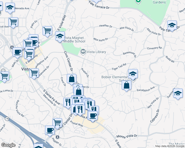 map of restaurants, bars, coffee shops, grocery stores, and more near 346 Amber Lane in Vista