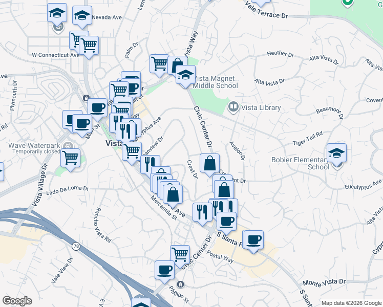 map of restaurants, bars, coffee shops, grocery stores, and more near 530 Morningside Drive in Vista