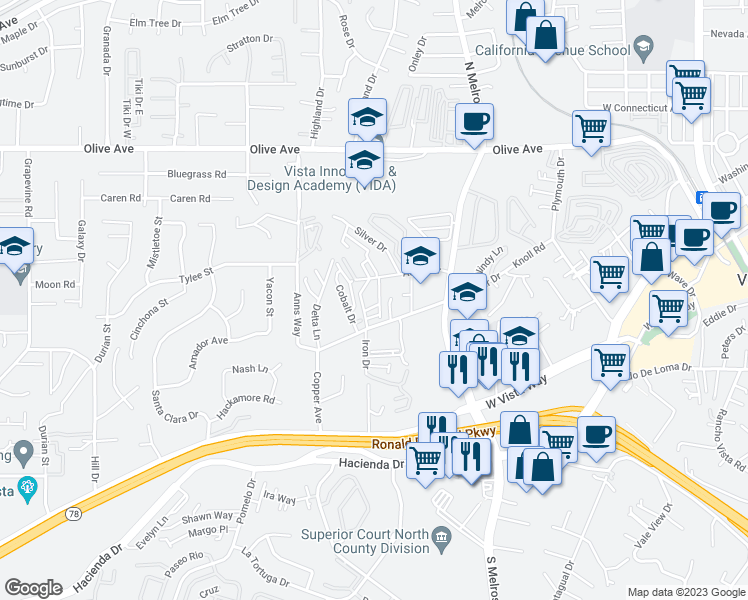 map of restaurants, bars, coffee shops, grocery stores, and more near 697 Copper Drive in Vista