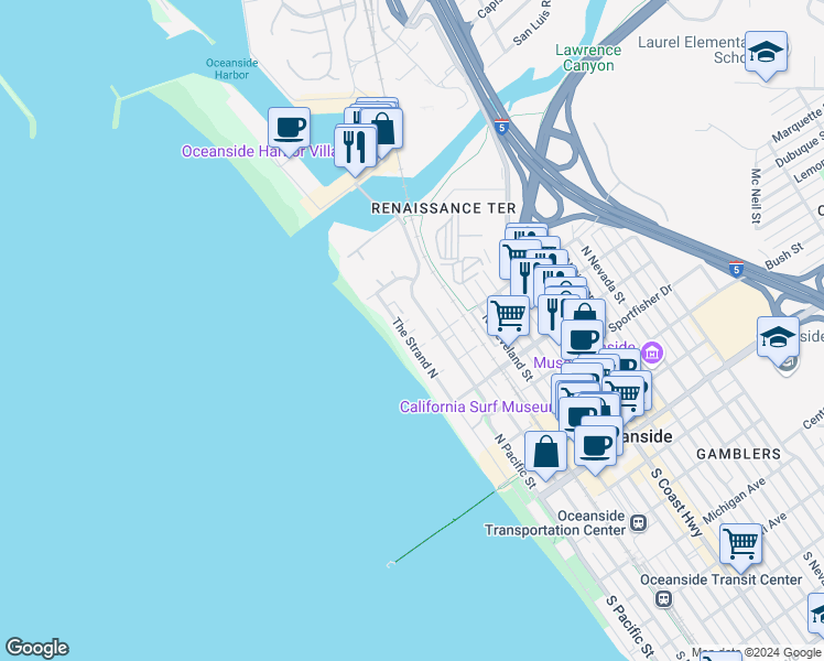 map of restaurants, bars, coffee shops, grocery stores, and more near 904 The Strand North in Oceanside