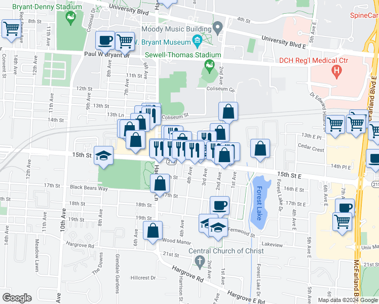 map of restaurants, bars, coffee shops, grocery stores, and more near 1420 Cloverdale Road in Tuscaloosa