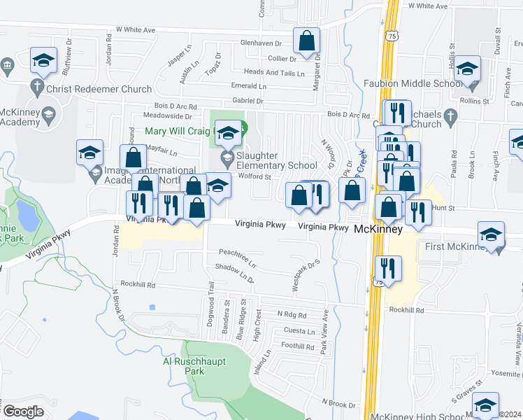 map of restaurants, bars, coffee shops, grocery stores, and more near 2520 Virginia Parkway in McKinney