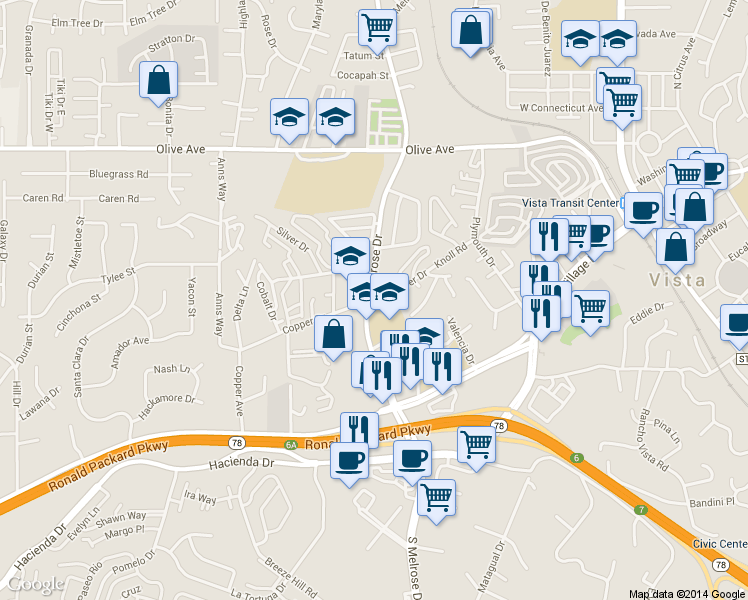 map of restaurants, bars, coffee shops, grocery stores, and more near 599 Copper Drive in Vista
