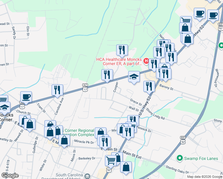map of restaurants, bars, coffee shops, grocery stores, and more near 209 Cooper in Moncks Corner