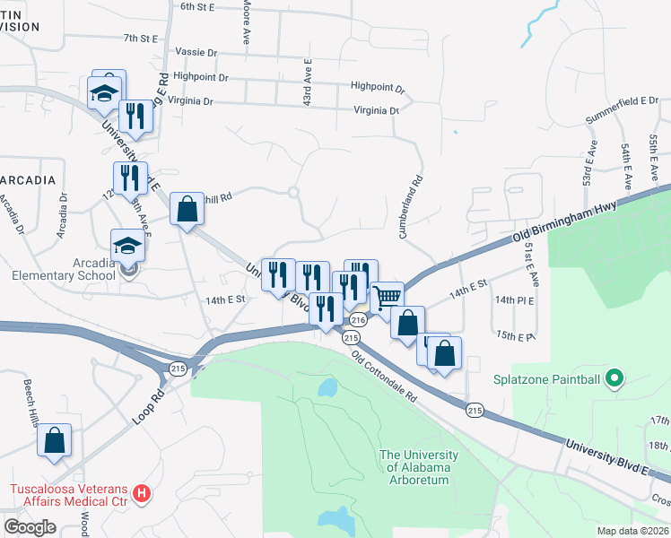 map of restaurants, bars, coffee shops, grocery stores, and more near 4308 Hillsboro Drive in Tuscaloosa