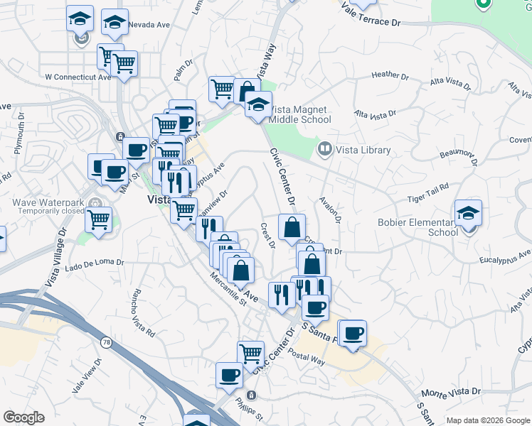 map of restaurants, bars, coffee shops, grocery stores, and more near 530 Morningside Drive in Vista