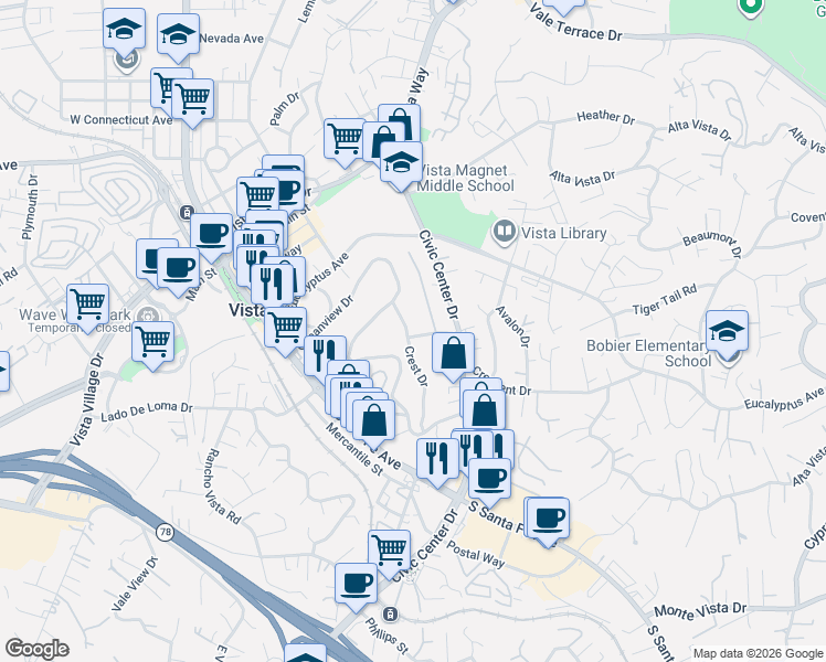 map of restaurants, bars, coffee shops, grocery stores, and more near 524 Morningside Drive in Vista
