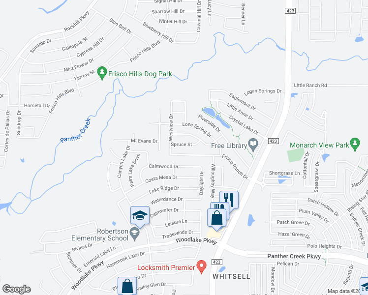 map of restaurants, bars, coffee shops, grocery stores, and more near 15009 Spruce Street in Little Elm