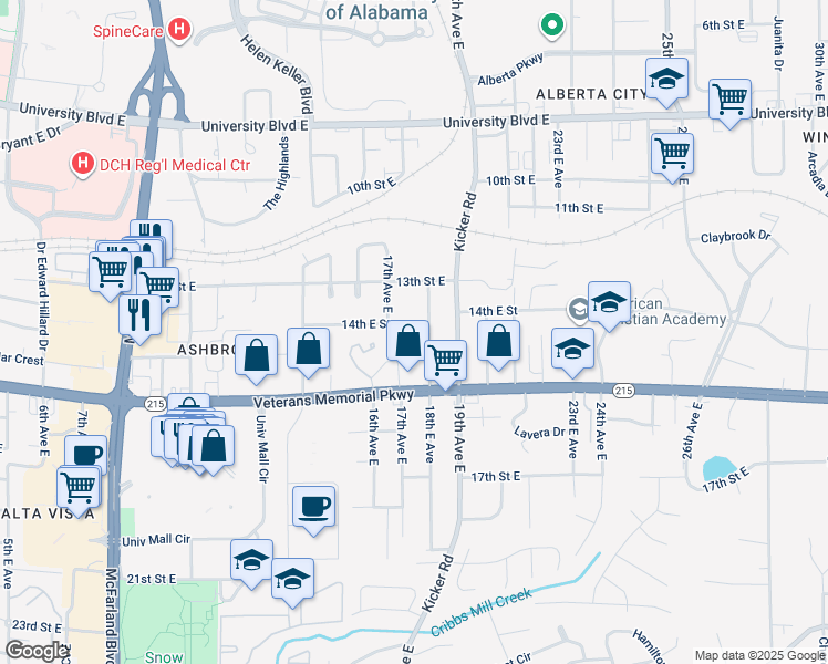 map of restaurants, bars, coffee shops, grocery stores, and more near 1402 18th Avenue East in Tuscaloosa