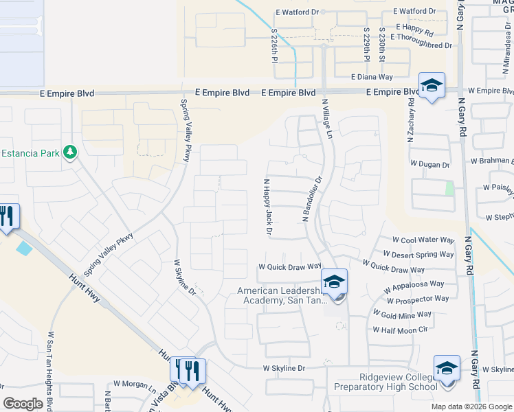 map of restaurants, bars, coffee shops, grocery stores, and more near North Kelly Drive in San Tan Valley