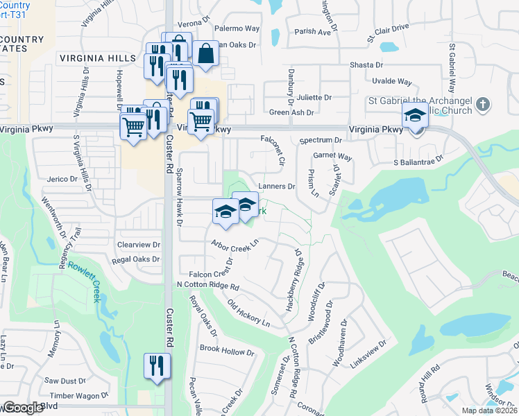 map of restaurants, bars, coffee shops, grocery stores, and more near 8513 Beech Lane in McKinney