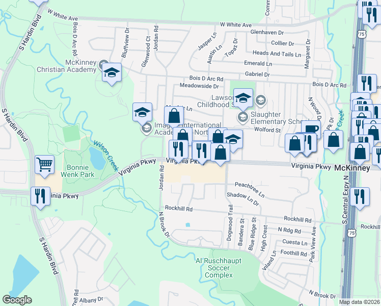 map of restaurants, bars, coffee shops, grocery stores, and more near 2760 Virginia Parkway in McKinney