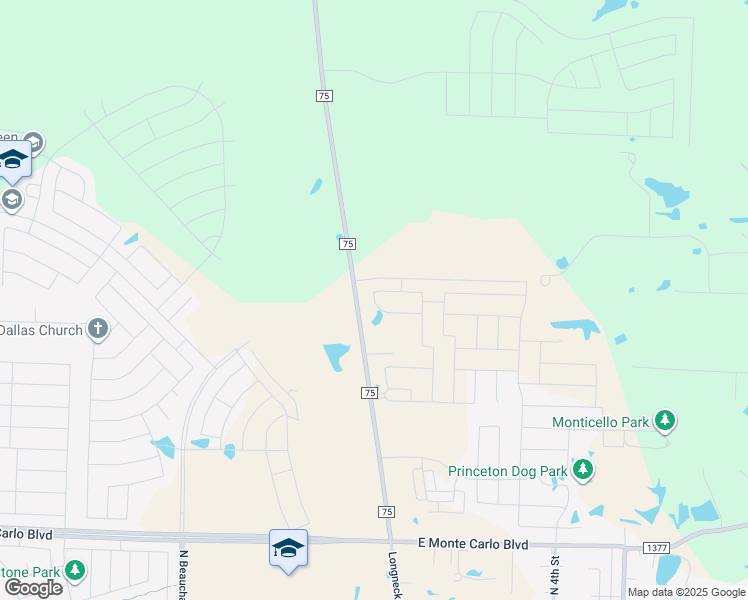 map of restaurants, bars, coffee shops, grocery stores, and more near 2188 Farm to Market Road 75 in Princeton