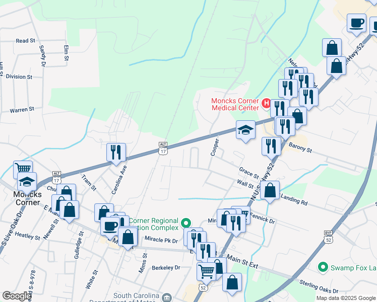 map of restaurants, bars, coffee shops, grocery stores, and more near 119 Roper Circle in Moncks Corner