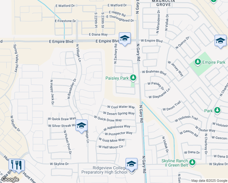 map of restaurants, bars, coffee shops, grocery stores, and more near 35260 North Zachary Road in Queen Creek